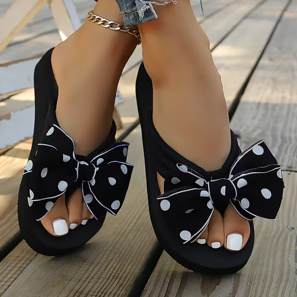 Womens Flip Flops Sandal 7 Black Flat Polka Dot Bow Platform Beach Slip-On Thong